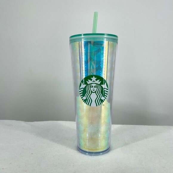 Starbucks Cold Tumbler Iridescent Blue Green Geometric Scales 24oz Acrylic - Picture 1 of 5